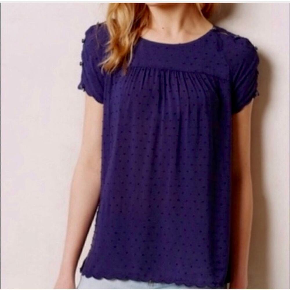 ☀️Maeve Anthropologie Blouse Button Sleeves Swiss Dot Scallop Hem Blue Womens 0